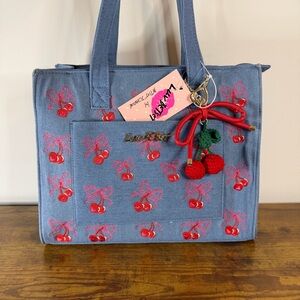 New Betsey Johnson Blue Denim Red Cherry Tote Handbag Cute Summer Shoulder Bag